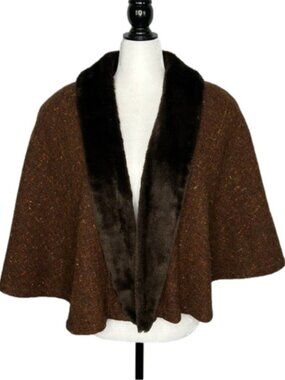 Vintage A. Armoni Wool Tweed  Faux Fur Cape
